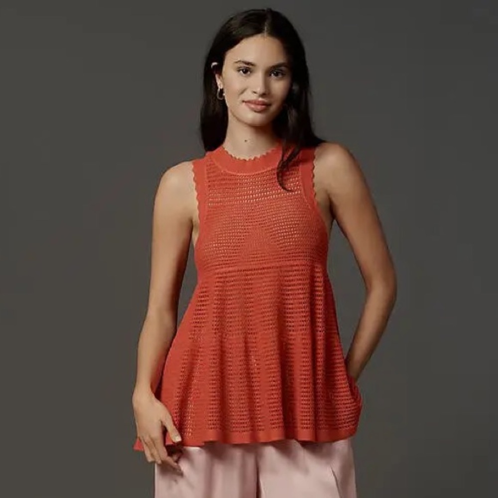 Maeve Open-Knit Scallop-Edge Babydoll Sweater Tank Top